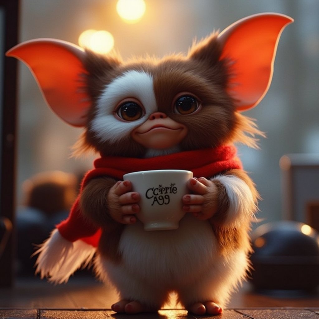 Cinematic, dreamy lighting, front facing view, a candid of a fluffy gizmo, wearing a red scarf, drinking coffee,  highly detailed fur, ultra realistic, ultra realistic textures