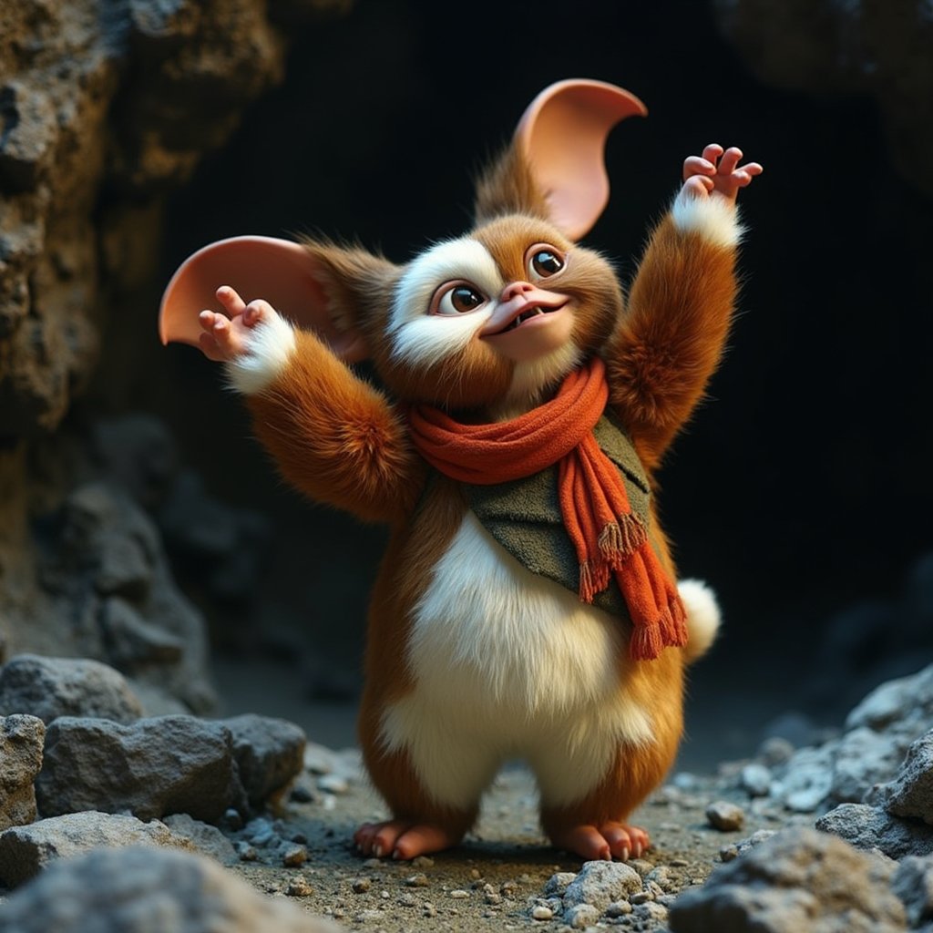 Cinematic, full body shot, wide angle, gizmo is waking up from a long slumber, he's in a cave and is excited about new adventures, ultra realistic, 8k, ultra detailed textures, real photography, 