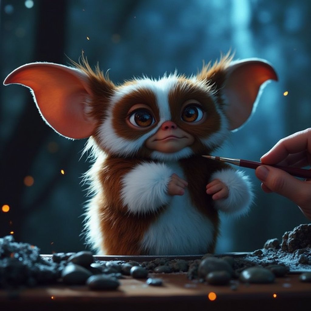 Cinematic, dreamy lighting, front facing view, at night, a close up of a fluffy gizmo, being painted by an artist, painting gizmo,  highly detailed fur, ultra realistic, ultra realistic textures