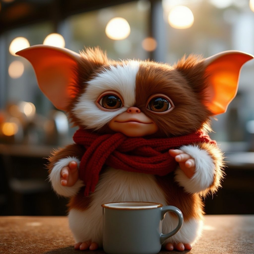 Cinematic, dreamy lighting, front facing view, a candid of a fluffy gizmo, wearing a red scarf, drinking coffee,  highly detailed fur, ultra realistic, ultra realistic textures