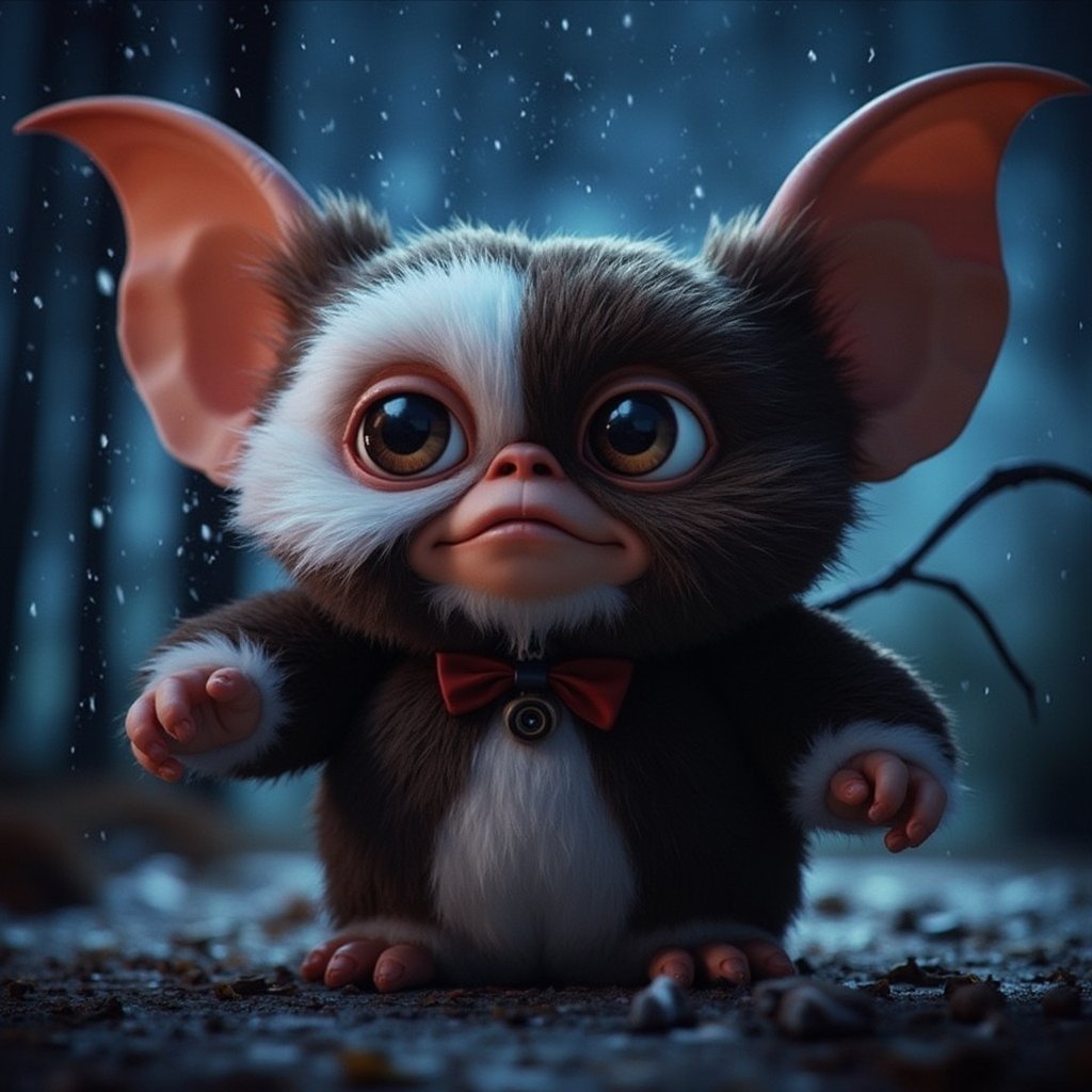 Cinematic, dreamy lighting, front facing view, at night, a fluffy gizmo, gizmo vampire, angry gizmo,  highly detailed fur, ultra realistic, ultra realistic textures