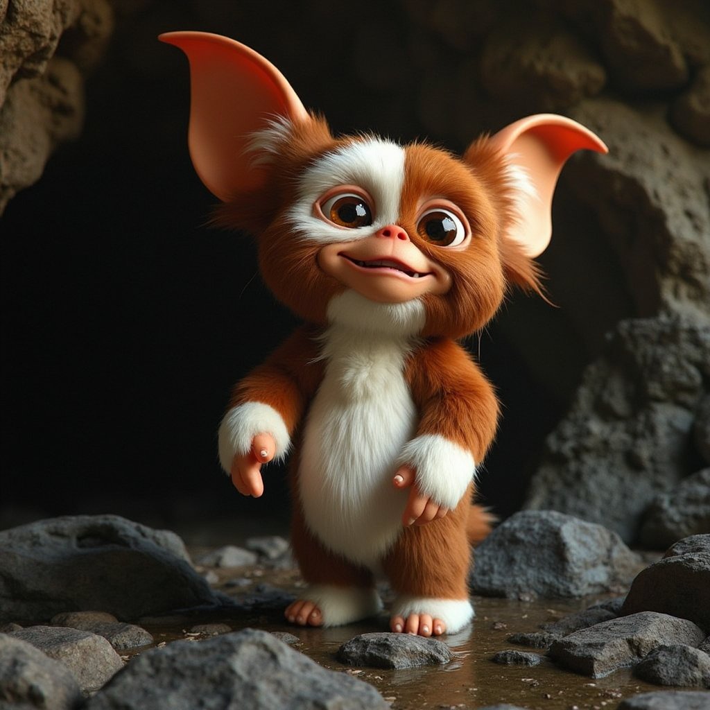 Cinematic, full body shot, wide angle, gizmo is waking up from a long slumber, he's in a cave and is excited about new adventures, ultra realistic, 8k, ultra detailed textures, real photography, 