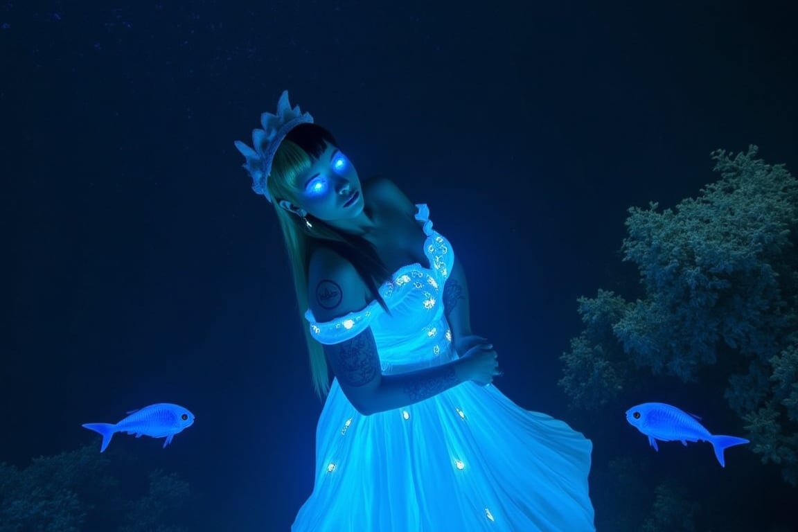 a woman in an enchanting sea, its night time, and her hair is split dyed in blonde and a blue that lights in a bioluminescent blue,( her eyes and pupils light in an enchanting bioluminescence making much light), full body with a goddess dress with little blue lights and themed charms to it, (side profile) , bioluminescent fish around her, bioluminescent plants, bioluminescent tattoos , few bioluminescent fishes swim next to her, she is posing like a goddess, soft blue light, complex background, beautiful enchanting sea plants with bioluminescent light