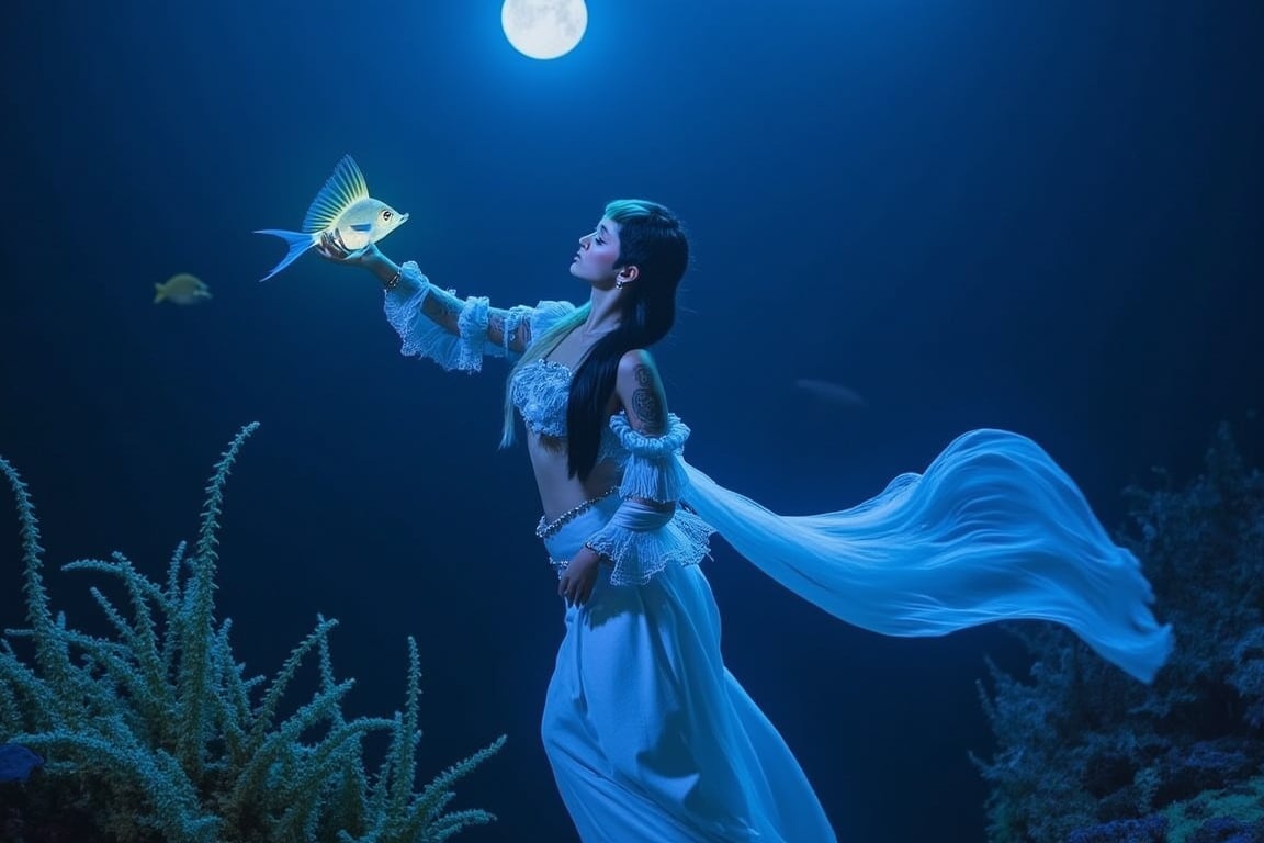 a woman in an enchanting sea, its night time, and her hair is split dyed in blonde and a blue that lights in a bioluminescent blue,( her eyes and pupils light in an enchanting bioluminescence making much light), full body with a goddess dress with little blue lights and themed charms to it,(( holding a bioluminescent fish)) , few bioluminescent fishes swim next to her, she is posing like a goddess, the moon lights up, soft blue light, complex background, beautiful enchanting sea plants with bioluminescent light