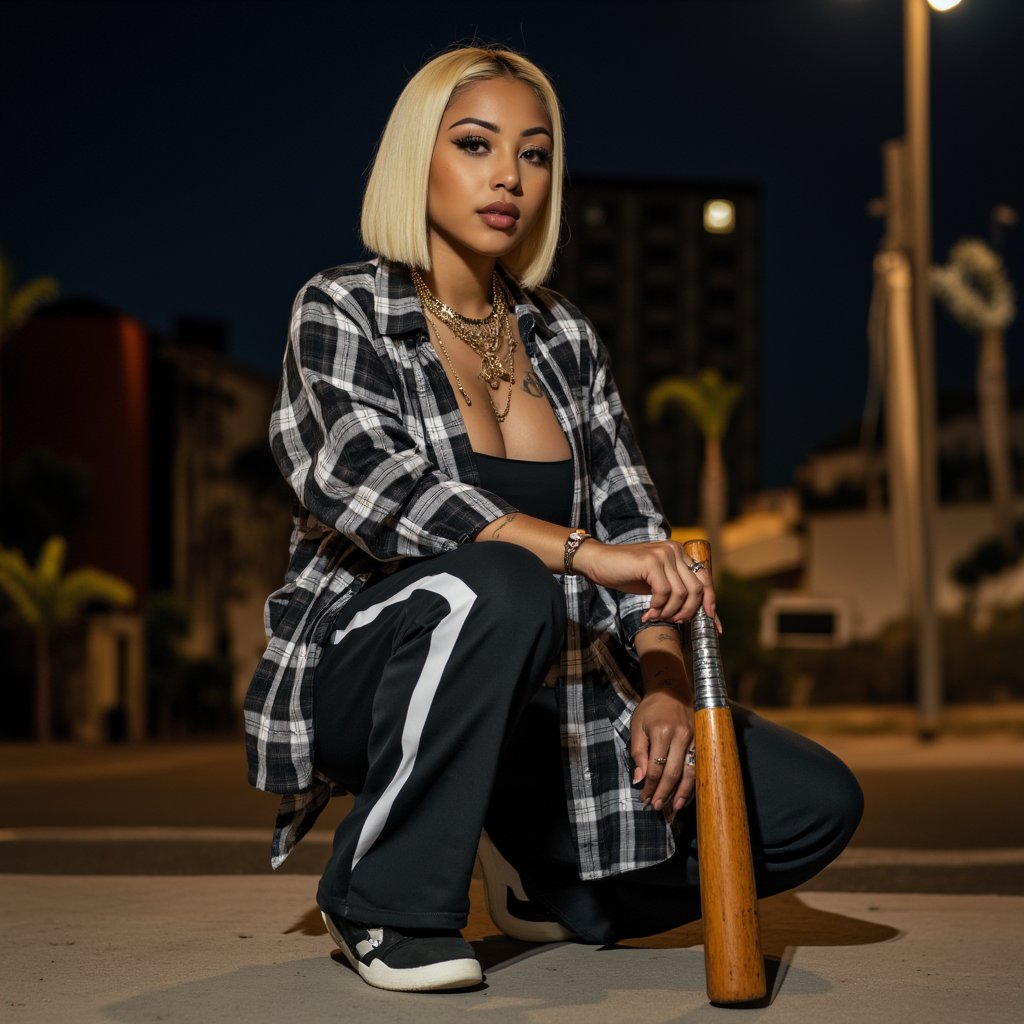 Cinematic, side view, from bottom to top view, dramatic lighting, shot with a 35mm, ultra detailed, ultra realistic colors, short mexican woman with blond dyed hair. in the streets at night, posing with an attitude, wielding a bat ready for a fight, wearing loose sports pants, very loose black and white plaid shirt, expensive jewelry, sneakers, tattooes, very long necklace,  cholas style,In the style of cholas, 8k, soft lighting