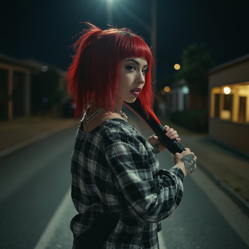 Cinematic, side view, from bottom to top view, dramatic lighting, shot with a 35mm, ultra detailed, ultra realistic colors, short mexican woman with red dyed hair, dramatic makeup, in the streets at night, standing up, posing with an attitude, wielding a bat ready for a fight, wearing loose slackers, very loose black and white plaid shirt, expensive jewelry, sneakers, tattooes, very long necklace,  cholas style,In the style of cholas, 8k, soft lighting