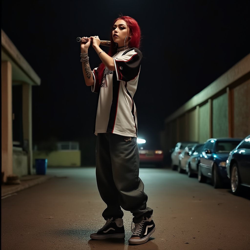 Cinematic, side view, from bottom to top view, dramatic lighting, shot with a 35mm, ultra detailed, ultra realistic colors, short mexican woman with red dyed hair, dramatic makeup, in the streets at night, standing up, posing with an attitude, wielding a bat ready for a fight, wearing loose slackers, very loose black and white baseball jersey shirt, expensive jewelry, sneakers, tattooes, very long necklace,  cholas style,In the style of cholas, 8k, soft lighting