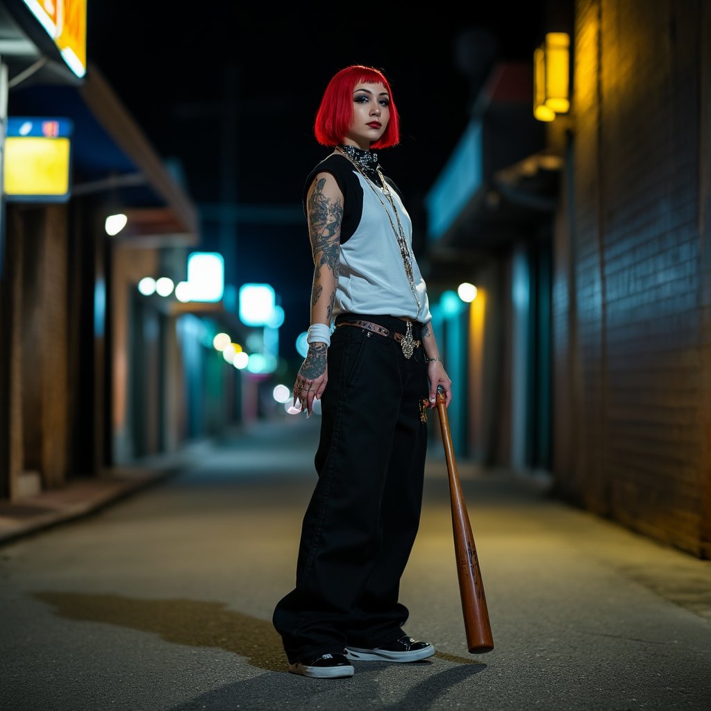 Cinematic, side view, from bottom to top view, dramatic lighting, shot with a 35mm, ultra detailed, ultra realistic colors, short mexican woman with red dyed hair, dramatic makeup, in the streets at night, standing up, posing with an attitude, wielding a bat ready for a fight, wearing loose slackers, very loose black and white baseball jersey shirt, bandana on her neck, expensive jewelry, sneakers, tattooes, very long necklace,  cholas style,In the style of cholas, 8k, soft lighting