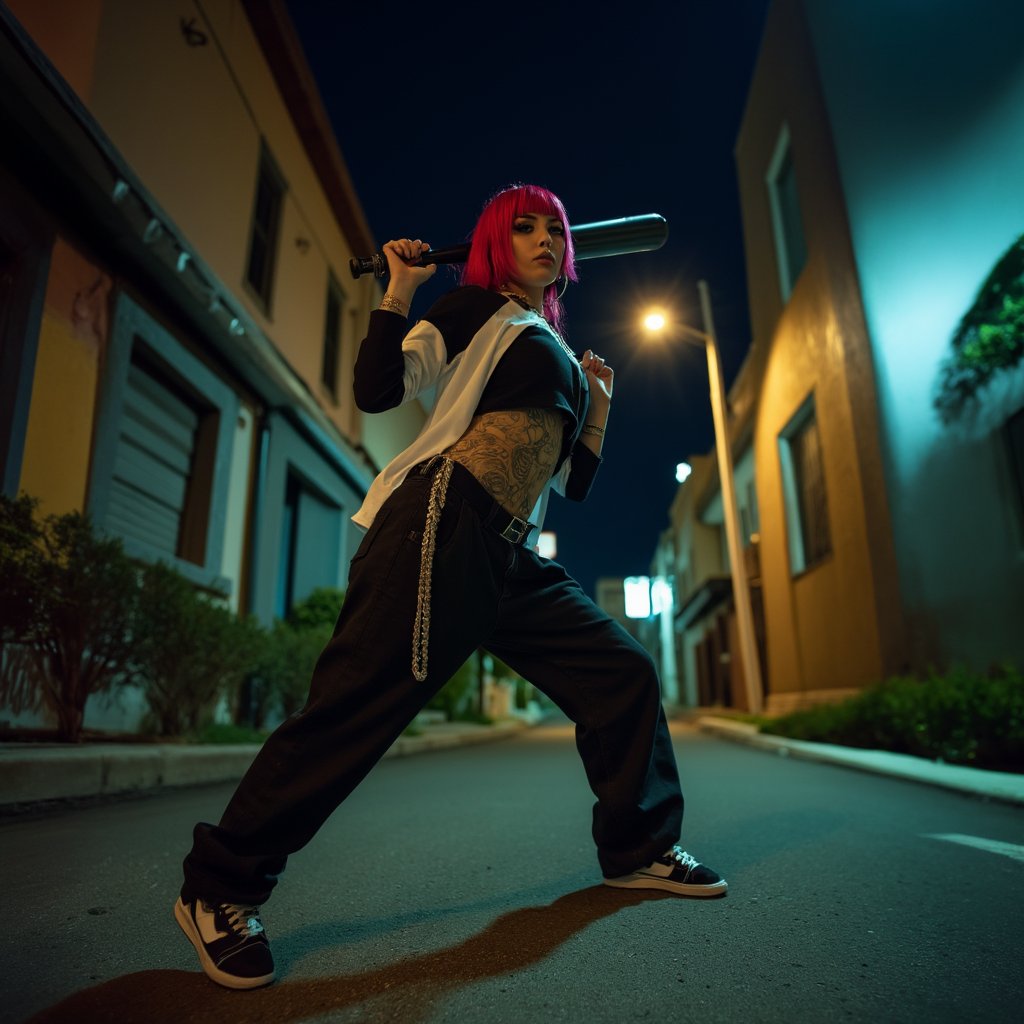 Cinematic, side view, from bottom to top view, dramatic lighting, shot with a 35mm, ultra detailed, ultra realistic colors, short mexican woman with red dyed hair, dramatic makeup, in the streets at night, standing up, posing with an attitude, wielding a bat ready for a fight, wearing loose slackers, very loose black and white baseball shirt, expensive jewelry, sneakers, tattooes, very long necklace,  cholas style,In the style of cholas, 8k, soft lighting