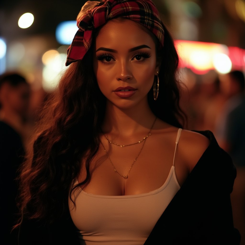 Cinematic, dreamy lighting, front facing view, a candid of a beautiful big round eyes, small nose, slanted eyes, prominent cheekbones, mexican woman, wearing hoop earrings, black face makeup, a white top, an open hoodie. and a plaid red bandana on her hair in a Mexican night holiday, grito de independencia,  ultra realistic, ultra detailed, 8k, real photography