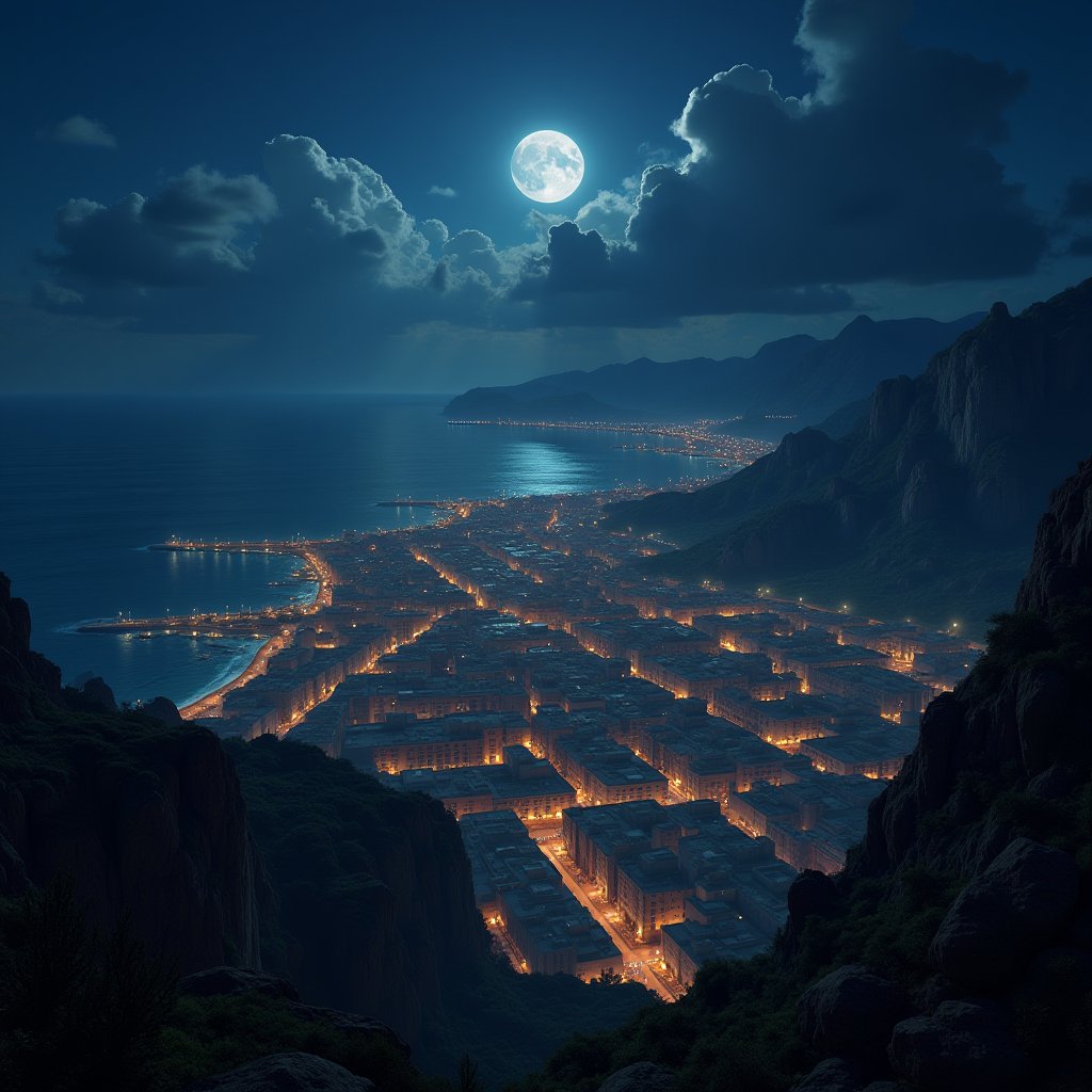 digital render of a city in the night, night lights, view from the sky, ancient city, atlantis, sea, ancient civilitation,noc-detail