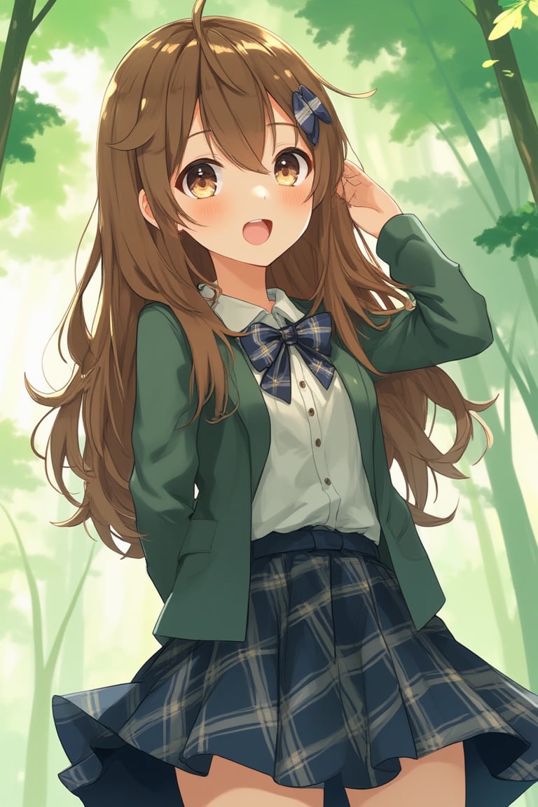 source_anime,(detailed eyes),shouko nishimiya,1girl,cowboy shot,long hair,bangs,brown hair,brown eyes,bowtie,blazer,blue and white plaid pleated skirt,smile,tree,niji,noc-detail