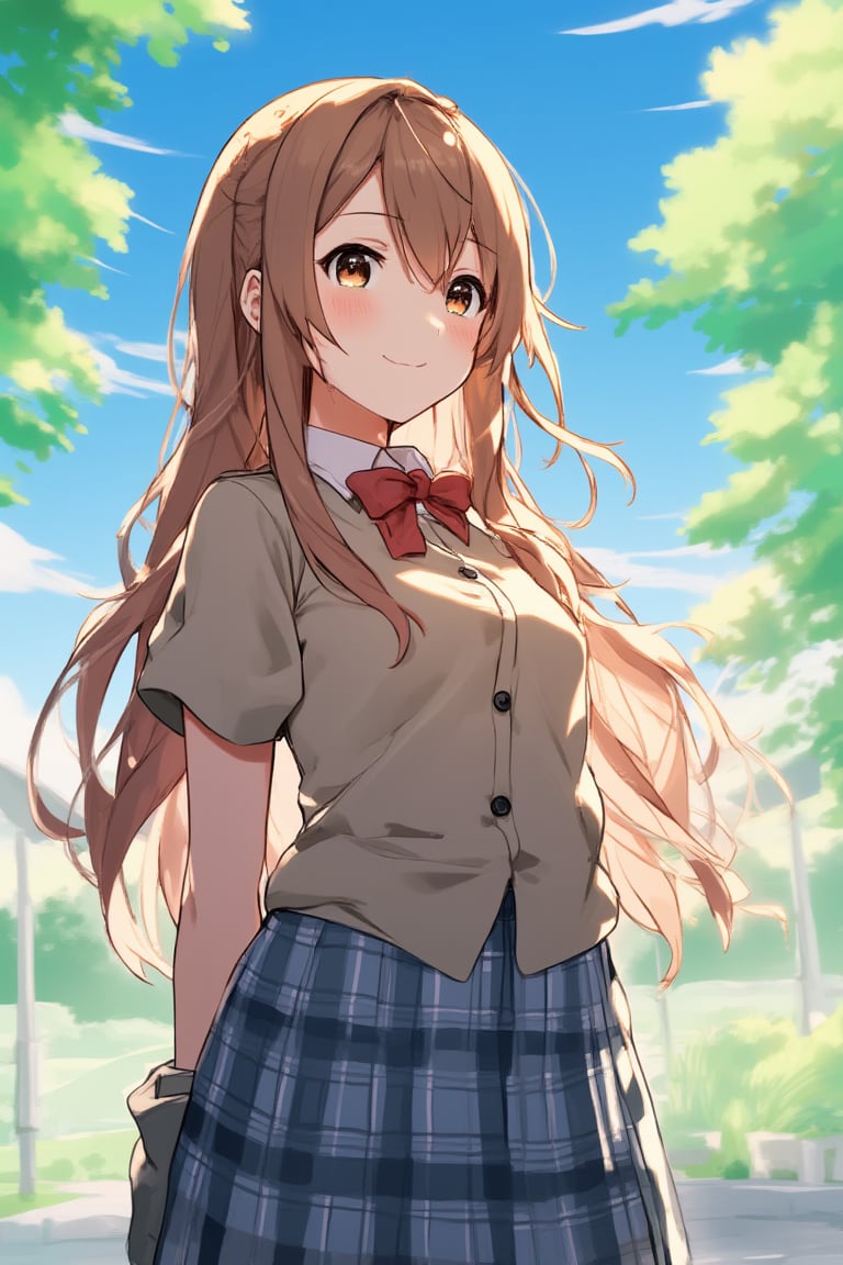 source_anime,(detailed eyes),shouko nishimiya,1girl,cowboy shot,long hair,bangs,brown hair,brown eyes,bowtie,blazer,blue and white plaid pleated skirt,smile,tree,niji,noc-detail