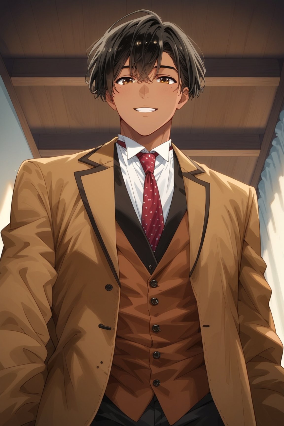 1boy ,Man, looking at viewer,
from below, front view, 
,source_anime,score_4_up,score_5_up,score_6_up,score_7_up,score_8_up,score_9, BREAK,Rietz Muses,smile,brown suit,black hair,1boy,hair between eyes,brown eyes,white shirt,male focus,solo focus,dark skin,mole under eye,dark-skinned male, 