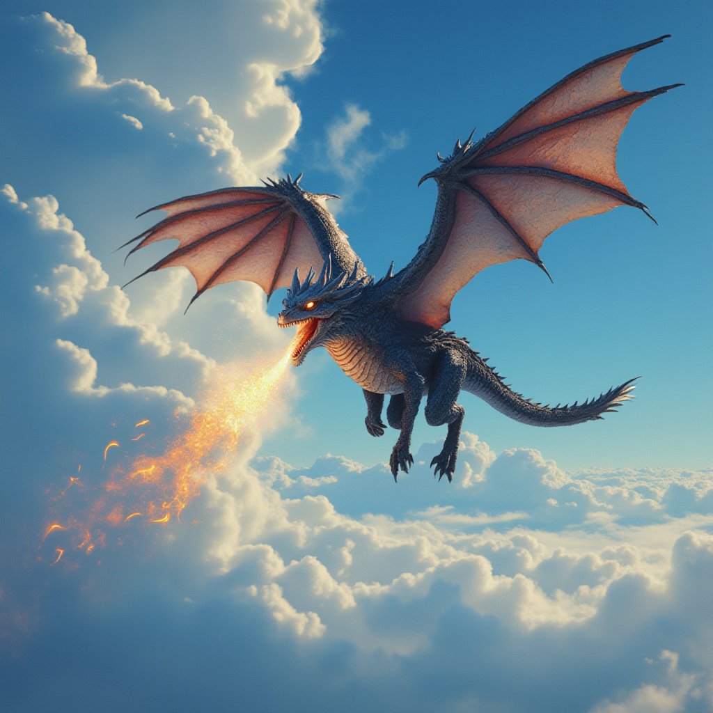 masterpiece, high quality, illustration, dragon flying in the sky and firing from mouth, blue cloudy sky, photorealistic background, dragon,FluxBoost