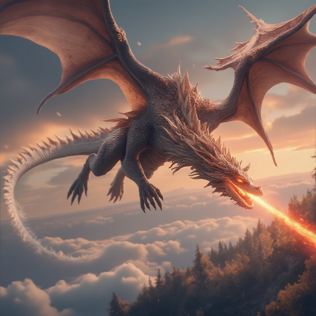 masterpiece, high quality, illustration, dragon flying and firing, cloudy sky, photorealistic background, dragon,FluxBoost