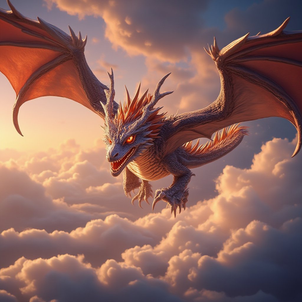 masterpiece, high quality, illustration, dragon flying and firing, cloudy sky, photorealistic background, dragon,FluxBoost