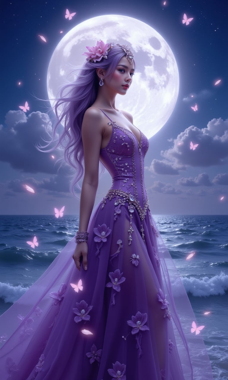 Here's a potential digital illustration based on your description:  -Title:- 'Moonlit Enchantress'  -Image:-  The illustration features a fantastical, ethereal woman standing against a backdrop of a large, glowing moon and a shimmering, starry night sea. Her hair flows like a river of purple, with intricate, delicate strands that seem to come alive in the moonlight.  She wears a stunning, ornate gown that's been meticulously designed to showcase her beauty and elegance. The gown is a deep, rich purple color, with intricate flower patterns and sparkling jewels that catch the light. Her headpiece is a masterpiece of complexity, with delicate, curved petals and glittering gemstones that seem to shimmer and shine.  Around her, a halo of light and butterflies creates a magical aura, as if she's conjuring up the very essence of the moon and sea. The moon above casts a soft, gentle glow over the scene, illuminating the waves and creating a sense of peace and tranquility.  -Color Palette:-  - Deep, rich purple for the hair and gown - Soft, shimmering blue for the moon and sea - Delicate, pale pink for the flowers and gemstones - Gold and silver for the jewelry and accents  -Style:-  The illustration is done in a highly detailed, realistic style, with a focus on capturing the beauty and elegance of the subject. The character is rendered in a lifelike way, with intricate textures and patterns that add depth and dimension to the image.  -Mood:-  The mood of the illustration is one of enchantment and mystery, capturing the essence of a magical, otherworldly moment. The subject's serene, ethereal expression and the dreamlike quality of the scene create a sense of wonder and awe, as if the viewer has stumbled upon a hidden, mystical world. 