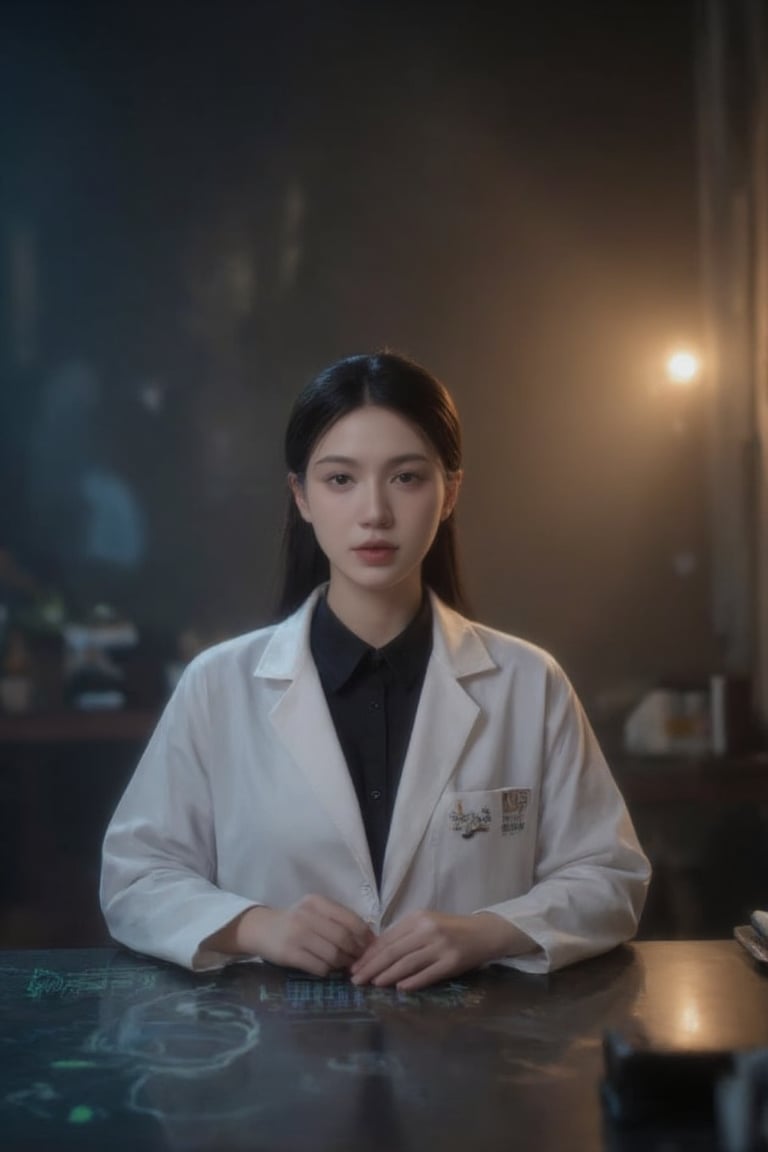 In a dimly lit, run-down cybernetics clinic, a striking young Asian woman, Li Ming, with porcelain skin and striking features, sits hunched over a holographic console, her raven-black hair pulled into a tight ponytail, eyes intensely focused on the swirling digital grid. She wears a crisp white lab coat, adorned with a silver pin bearing the clinic's logo, a stylized snake coiled around a circuit board. A faint, eerie glow emanates from the console, casting an otherworldly light on her delicate features. Soft focus and subtle film grain evoke a sense of nostalgia, reminiscent of Akira Kurosawa's cinematography. The camera lingers on Li's hands, deftly navigating the holographic interface, as a warm, golden light from a nearby overhead fixture highlights the subtle curves of her fingers. A soft blueish hue, reminiscent of a misty dawn, permeates the scene, underscoring the sense of unease and foreboding.,Best face ever