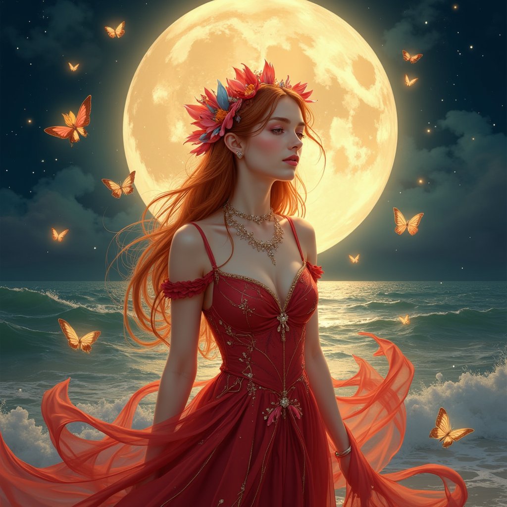 Here's a potential digital illustration based on your description:  -Title:- 'Moonlit Enchantress'  -Image:-  The illustration features a fantastical, ethereal woman standing against a backdrop of a large, glowing sea and a shimmering, starry night sea. Her hair flows like a river of Red, with intricate, delicate strands that seem to come alive in the moonlight.  She wears a stunning, ornate gown that's been meticulously designed to showcase her beauty and elegance. The gown is a deep, rich red color, with intricate flower patterns and sparkling jewels that catch the light. Her headpiece is a masterpiece of complexity, with delicate, curved petals and glittering gemstones that seem to shimmer and shine.  Around her, a halo of light and butterflies creates a magical aura, as if she's conjuring up the very essence of the moon and sea. The moon above casts a soft, gentle glow over the scene, illuminating the waves and creating a sense of peace and tranquility.  -Color Palette:-  - Deep, rich red for the hair and gown - Soft, shimmering yellow for the moon - Delicate, pale black for the flowers and gemstones - Gold and silver for the jewelry and accents  -Style:-  The illustration is done in a highly detailed, realistic style, with a focus on capturing the beauty and elegance of the subject. The character is rendered in a lifelike way, with intricate textures and patterns that add depth and dimension to the image.  -Mood:-  The mood of the illustration is one of enchantment and mystery, capturing the essence of a magical, otherworldly moment. The subject's serene, ethereal expression and the dreamlike quality of the scene create a sense of wonder and awe, as if the viewer has stumbled upon a hidden, mystical world.,Enhanced all,lotus