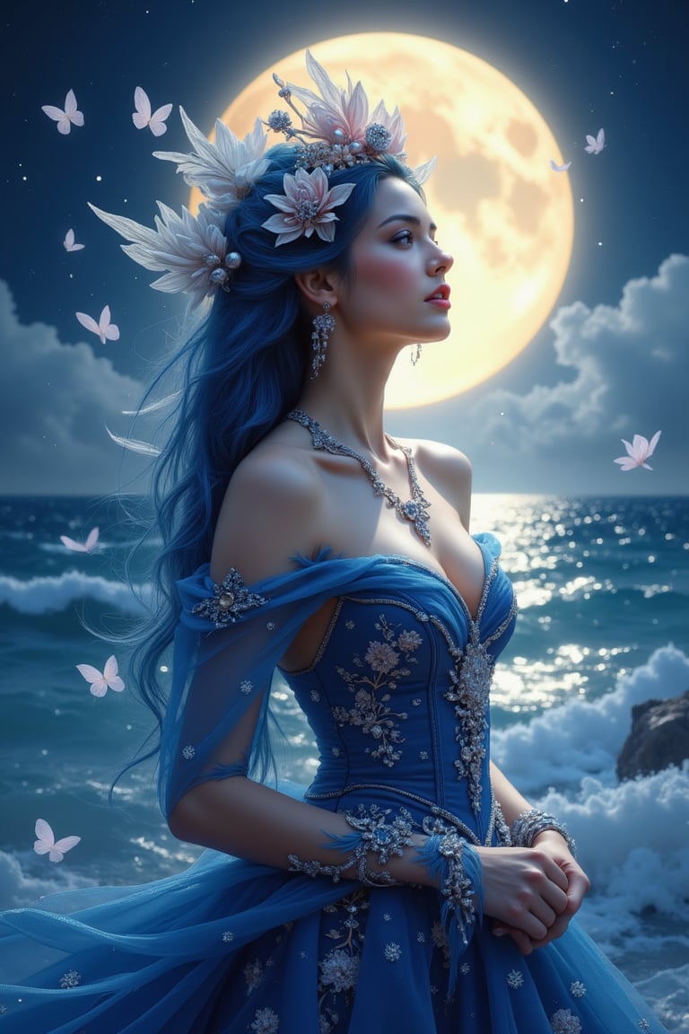 Here's a potential digital illustration based on your description:  -Title:- 'Moonlit Enchantress'  -Image:-  The illustration features a fantastical, ethereal woman standing against a backdrop of a large, glowing sea and a shimmering, starry night sea. Her hair flows like a river of blue, with intricate, delicate strands that seem to come alive in the moonlight.  She wears a stunning, ornate gown that's been meticulously designed to showcase her beauty and elegance. The gown is a deep, rich blue color, with intricate flower patterns and sparkling jewels that catch the light. Her headpiece is a masterpiece of complexity, with delicate, curved petals and glittering gemstones that seem to shimmer and shine.  Around her, a halo of light and butterflies creates a magical aura, as if she's conjuring up the very essence of the moon and sea. The moon above casts a soft, gentle glow over the scene, illuminating the waves and creating a sense of peace and tranquility.  -Color Palette:-  - Deep, rich blue for the hair and gown - Soft, shimmering yellow for the moon - Delicate, pale pink for the flowers and gemstones - Gold and silver for the jewelry and accents  -Style:-  The illustration is done in a highly detailed, realistic style, with a focus on capturing the beauty and elegance of the subject. The character is rendered in a lifelike way, with intricate textures and patterns that add depth and dimension to the image.  -Mood:-  The mood of the illustration is one of enchantment and mystery, capturing the essence of a magical, otherworldly moment. The subject's serene, ethereal expression and the dreamlike quality of the scene create a sense of wonder and awe, as if the viewer has stumbled upon a hidden, mystical world. 