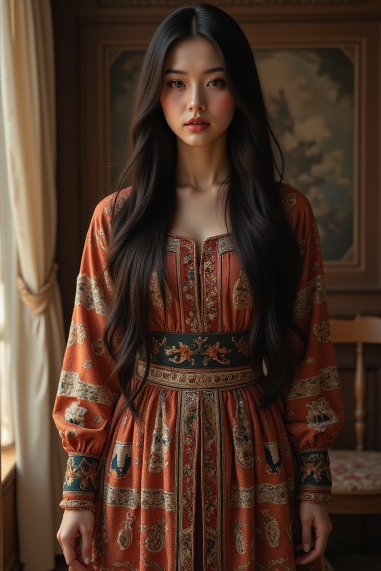 In a warm, golden-lit studio setting, a stunning Nordic girl stands out against a rustic wooden backdrop. Her long, straight black hair cascades down her back, framing her heart-shaped face with almond eyes and beautiful crystal blue irises that sparkle like the Arctic night sky. She wears the traditional Yakut national costume, complete with intricate textiles decorated in vibrant geometric patterns that shimmer and shine under the soft lighting. Her arms are adorned with decorative embroidery, adding an extra layer of cultural richness to her already stunning appearance. The camera captures her from a slightly low angle, emphasizing her statuesque height and regal presence as she poses confidently, exuding an aura of elegance and poise in this timeless, awe-inspiring style that perfectly embodies the essence of TaisaSDXL's aesthetic.