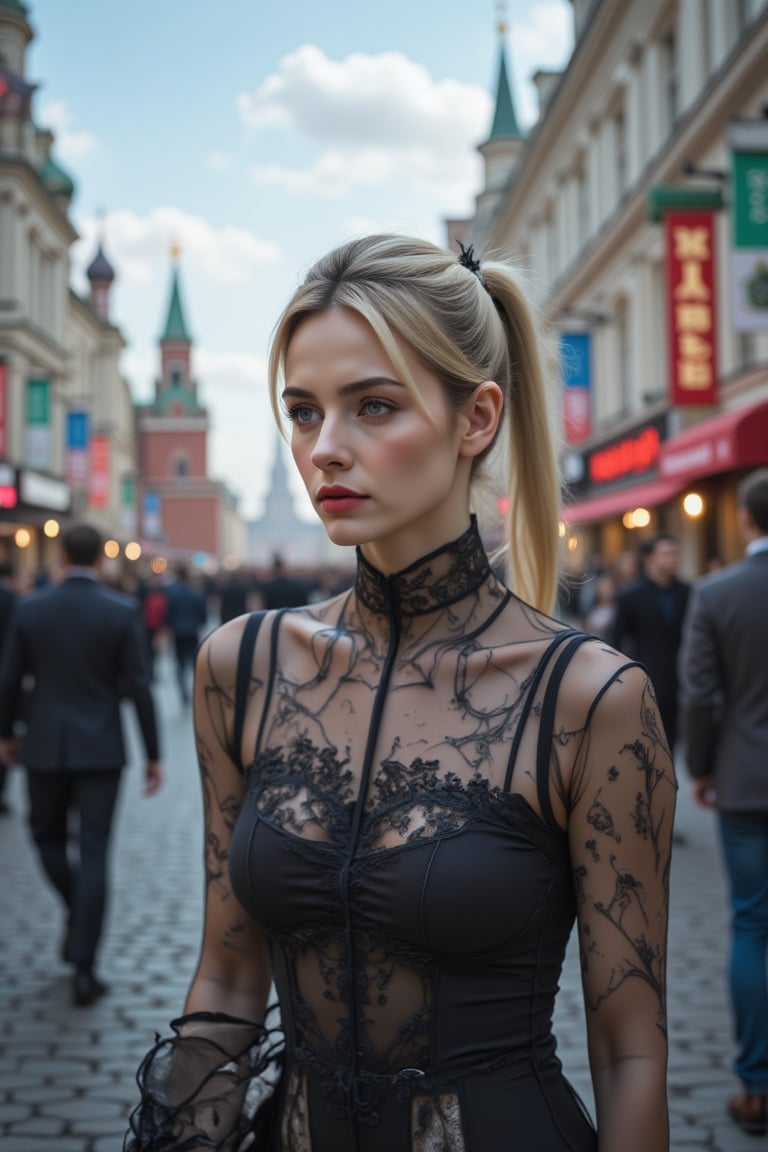 A confident blonde woman with piercing blue eyes and a chic ponytail confidently walks through the vibrant streets of Moscow, close up ,radiating sophistication and independence. Dressed in elegant attire, she captivates onlookers with her alluring presence. This cinematic GoPro photograph freezes her in motion, her graceful stride harmonizing with the backdrop of iconic landmarks and bustling city life. Amidst the urban chaos, she exudes poise and confidence, embodying modern elegance against the historic charm of Moscow's cityscape.,Enhanced all