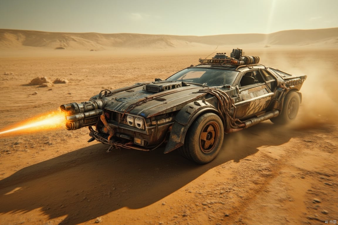 A sleek, futuristic car, resembling a powerful war machine, equipped with a heat weapon mounted on the front, speeding through a vast, desolate desert. The car emits a fiery beam from the heat weapon as it races across the barren landscape. The scene is framed with the car in motion, the heat weapon in action, and the expansive, arid desert in the background. The lighting is harsh, with strong contrasts between the bright, fiery weapon and the dark, shadowy surroundings. The composition emphasizes the car's advanced technology and aggressive stance against the backdrop of the endless desert.