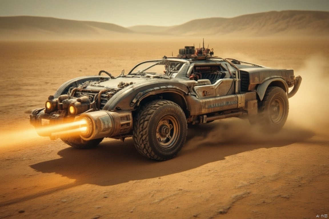 A sleek, futuristic car, resembling a powerful war machine, equipped with a heat weapon mounted on the front, speeding through a vast, desolate desert. The car emits a fiery beam from the heat weapon as it races across the barren landscape. The scene is framed with the car in motion, the heat weapon in action, and the expansive, arid desert in the background. The lighting is harsh, with strong contrasts between the bright, fiery weapon and the dark, shadowy surroundings. The composition emphasizes the car's advanced technology and aggressive stance against the backdrop of the endless desert.