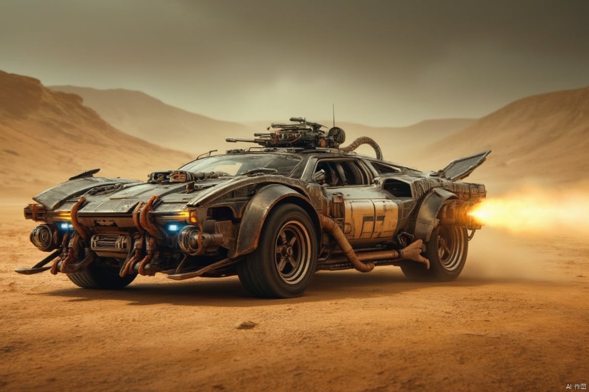 A sleek, futuristic car, resembling a powerful war machine, equipped with a heat weapon mounted on the front, speeding through a vast, desolate desert. The car emits a fiery beam from the heat weapon as it races across the barren landscape. The scene is framed with the car in motion, the heat weapon in action, and the expansive, arid desert in the background. The lighting is harsh, with strong contrasts between the bright, fiery weapon and the dark, shadowy surroundings. The composition emphasizes the car's advanced technology and aggressive stance against the backdrop of the endless desert.