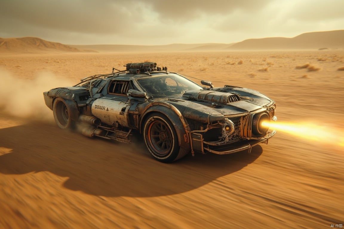 A sleek, futuristic car, resembling a powerful war machine, equipped with a heat weapon mounted on the front, speeding through a vast, desolate desert. The car emits a fiery beam from the heat weapon as it races across the barren landscape. The scene is framed with the car in motion, the heat weapon in action, and the expansive, arid desert in the background. The lighting is harsh, with strong contrasts between the bright, fiery weapon and the dark, shadowy surroundings. The composition emphasizes the car's advanced technology and aggressive stance against the backdrop of the endless desert.