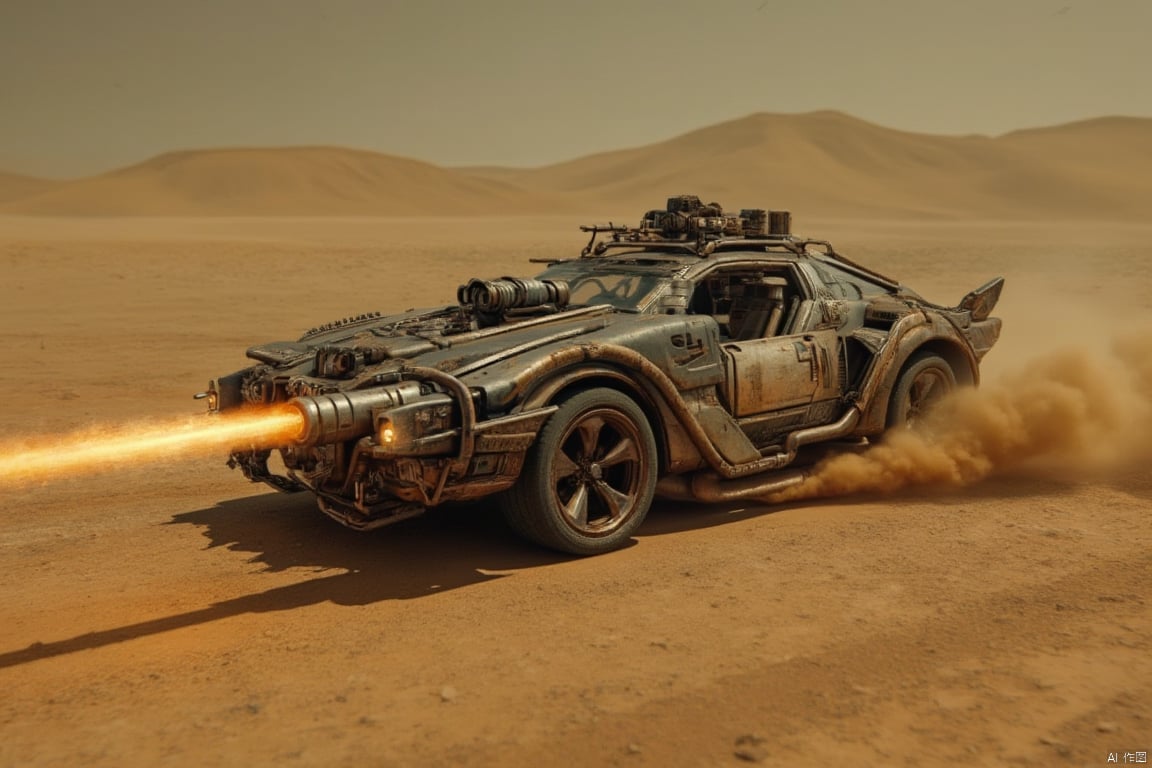 A sleek, futuristic car, resembling a powerful war machine, equipped with a heat weapon mounted on the front, speeding through a vast, desolate desert. The car emits a fiery beam from the heat weapon as it races across the barren landscape. The scene is framed with the car in motion, the heat weapon in action, and the expansive, arid desert in the background. The lighting is harsh, with strong contrasts between the bright, fiery weapon and the dark, shadowy surroundings. The composition emphasizes the car's advanced technology and aggressive stance against the backdrop of the endless desert.