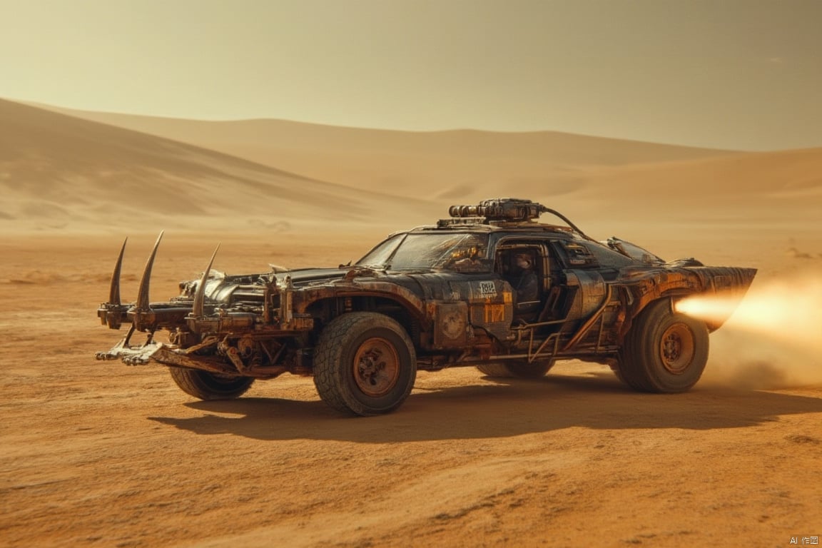 A sleek, futuristic car, resembling a powerful war machine, equipped with a heat weapon mounted on the front, speeding through a vast, desolate desert. The car emits a fiery beam from the heat weapon as it races across the barren landscape. The scene is framed with the car in motion, the heat weapon in action, and the expansive, arid desert in the background. The lighting is harsh, with strong contrasts between the bright, fiery weapon and the dark, shadowy surroundings. The composition emphasizes the car's advanced technology and aggressive stance against the backdrop of the endless desert.