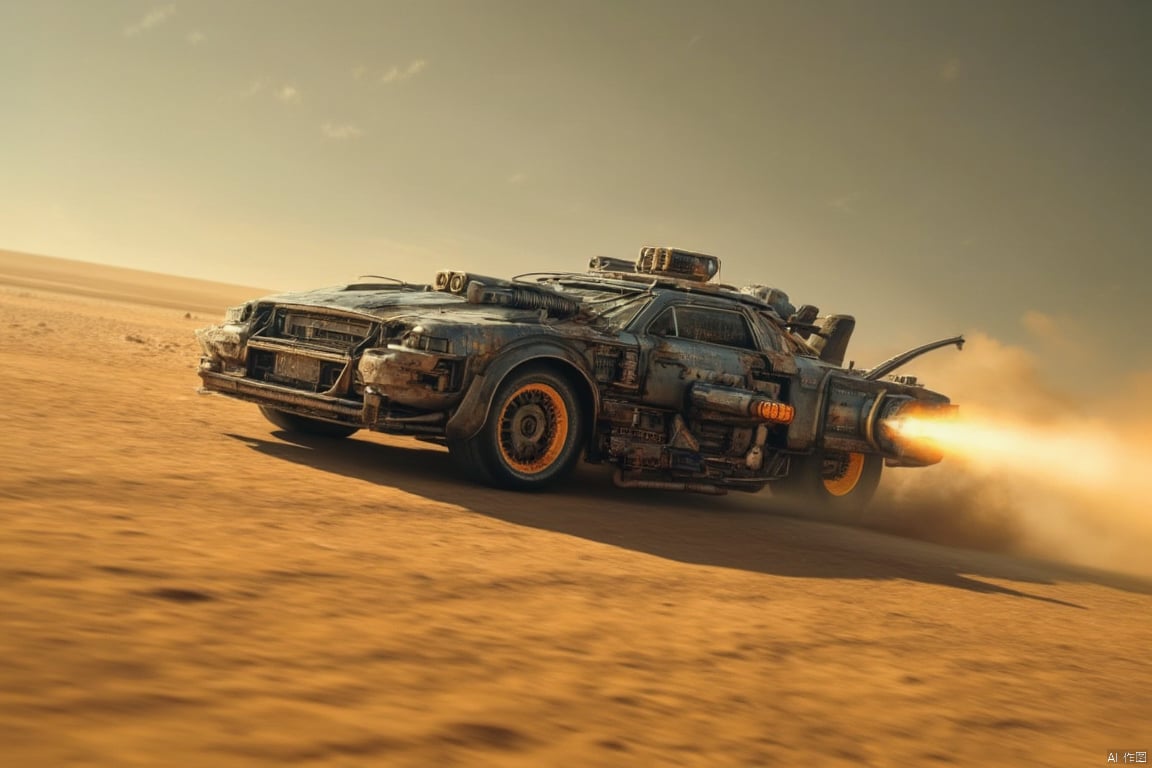 A sleek, futuristic car, resembling a powerful war machine, equipped with a heat weapon mounted on the front, speeding through a vast, desolate desert. The car emits a fiery beam from the heat weapon as it races across the barren landscape. The scene is framed with the car in motion, the heat weapon in action, and the expansive, arid desert in the background. The lighting is harsh, with strong contrasts between the bright, fiery weapon and the dark, shadowy surroundings. The composition emphasizes the car's advanced technology and aggressive stance against the backdrop of the endless desert.