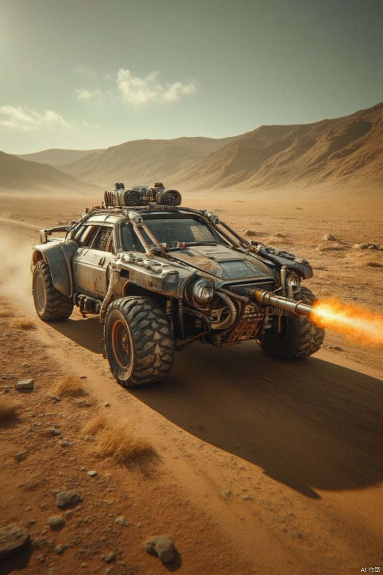 A sleek, futuristic car, resembling a powerful war machine, equipped with a heat weapon mounted on the front, speeding through a vast, desolate desert. The car emits a fiery beam from the heat weapon as it races across the barren landscape. The scene is framed with the car in motion, the heat weapon in action, and the expansive, arid desert in the background. The lighting is harsh, with strong contrasts between the bright, fiery weapon and the dark, shadowy surroundings. The composition emphasizes the car's advanced technology and aggressive stance against the backdrop of the endless desert.