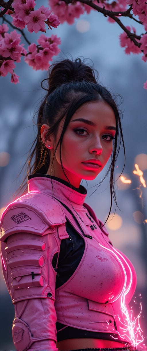  A woman in glowing armour, pink plates of armour protect her body, while delicate cherry blossom drifts gently down from a nearby tree. Her glowing sword dazzles with electrical arcing in the twilight of an atmospheric evening amazing quality, masterpiece, best quality, hyper detailed, ultra detailed, glowing pink, perfect anatomy, blurry background, outdoor, cherry blossoms, fog, studio lighting, bright foreground, face to viewer, glowing(pink hybrid white) Armour, female, holding, sword with electrical shine carving, ponytail, glowing, shine, dazzling Amidst the haunting atmosphere, her elegant posture exudes enchanting contrast, inviting us into her mysterious world.,ct-hyuntity,ct-colority,ct-aufall,ct-portuguitity