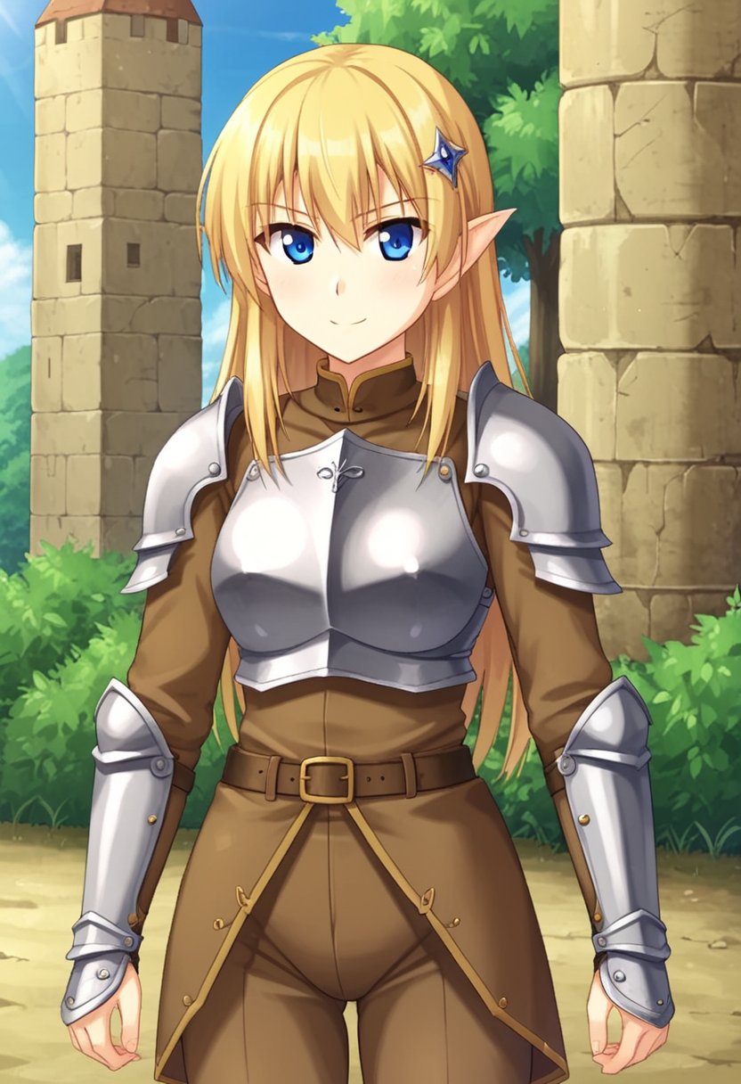 1girl, solo, mireniaeoff, blonde hair, long hair, pointy ears, hair ornament, blue eyes, brown shirt, long sleeves, brown pants, knight armor, arm guards, shoulder pads, outdoors, castle, standing, cowboy shot, smile, serious