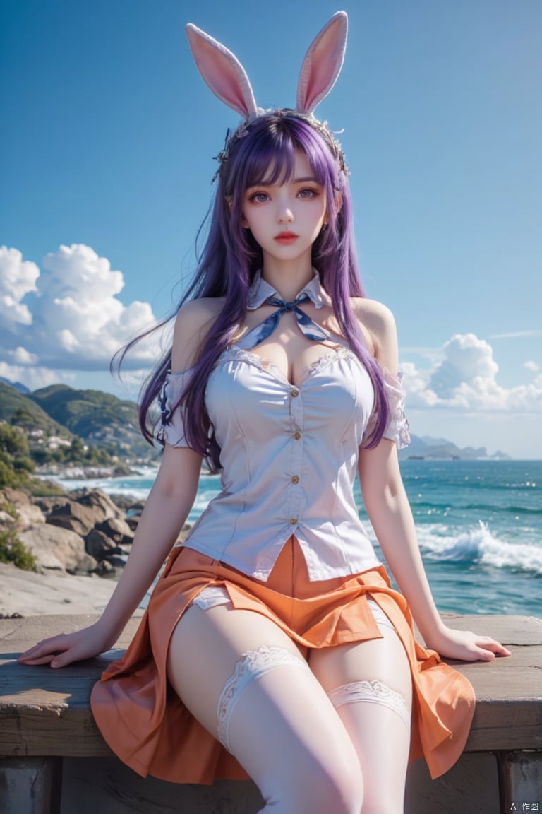 Masterpiece, best quality, high quality, (color) , full breasts, (purple hair: 1.3) , (rabbit ears:1.3),Captivating CG artistry! A single girl sits on a bench, gazing out at the vast blue ocean, her refined features and smooth skin radiating in sunlight. Sparkling eyes meet the viewer's gaze, framed by rabbitear-eyebrows and ornate eyewear. Purple hair cascades down her back like a waterfall of nightfall hues. A tied shirt reveals her perfect physique, with white knee-high socks and thigh straps adding sassiness. An orangeskirt flows around her legs, creating a pop of color against the serene blue sky and ocean waves. Arms crossed behind her back exude confidence and poise.