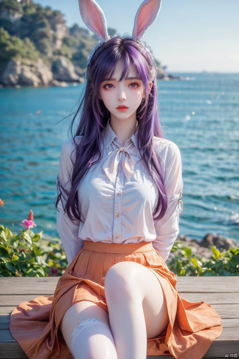 Masterpiece, best quality, high quality, (color) , full breasts, (purple hair: 1.3) , (rabbit ears:1.3),Captivating CG artistry! A single girl sits on a bench, gazing out at the vast blue ocean, her refined features and smooth skin radiating in sunlight. Sparkling eyes meet the viewer's gaze, framed by rabbitear-eyebrows and ornate eyewear. Purple hair cascades down her back like a waterfall of nightfall hues. A tied shirt reveals her perfect physique, with white knee-high socks and thigh straps adding sassiness. An orangeskirt flows around her legs, creating a pop of color against the serene blue sky and ocean waves. Arms crossed behind her back exude confidence and poise.