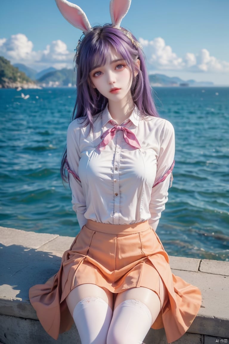 Masterpiece, best quality, high quality, (color) , full breasts, (purple hair: 1.3) , (rabbit ears:1.3),Captivating CG artistry! A single girl sits on a bench, gazing out at the vast blue ocean, her refined features and smooth skin radiating in sunlight. Sparkling eyes meet the viewer's gaze, framed by rabbitear-eyebrows and ornate eyewear. Purple hair cascades down her back like a waterfall of nightfall hues. A tied shirt reveals her perfect physique, with white knee-high socks and thigh straps adding sassiness. An orangeskirt flows around her legs, creating a pop of color against the serene blue sky and ocean waves. Arms crossed behind her back exude confidence and poise.