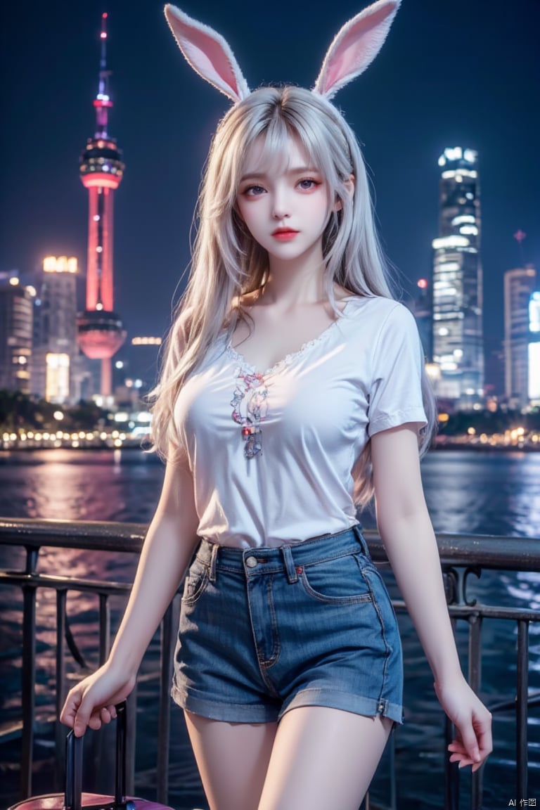 Masterpiece, best quality, high quality, (color) , full breasts, (white hair: 1.3) , (rabbit ears:1.3),A girl, wearing short-sleeved clothes. Wearing short jeans, white legs, long legs, left hand holding a suitcase with wheels, right hand holding luggage,Shanghai, Oriental Pearl TV Tower, the Bund, night view, neon lights,
shallow smile, long hair, decoration, posture, background, simple, rabbit ears
