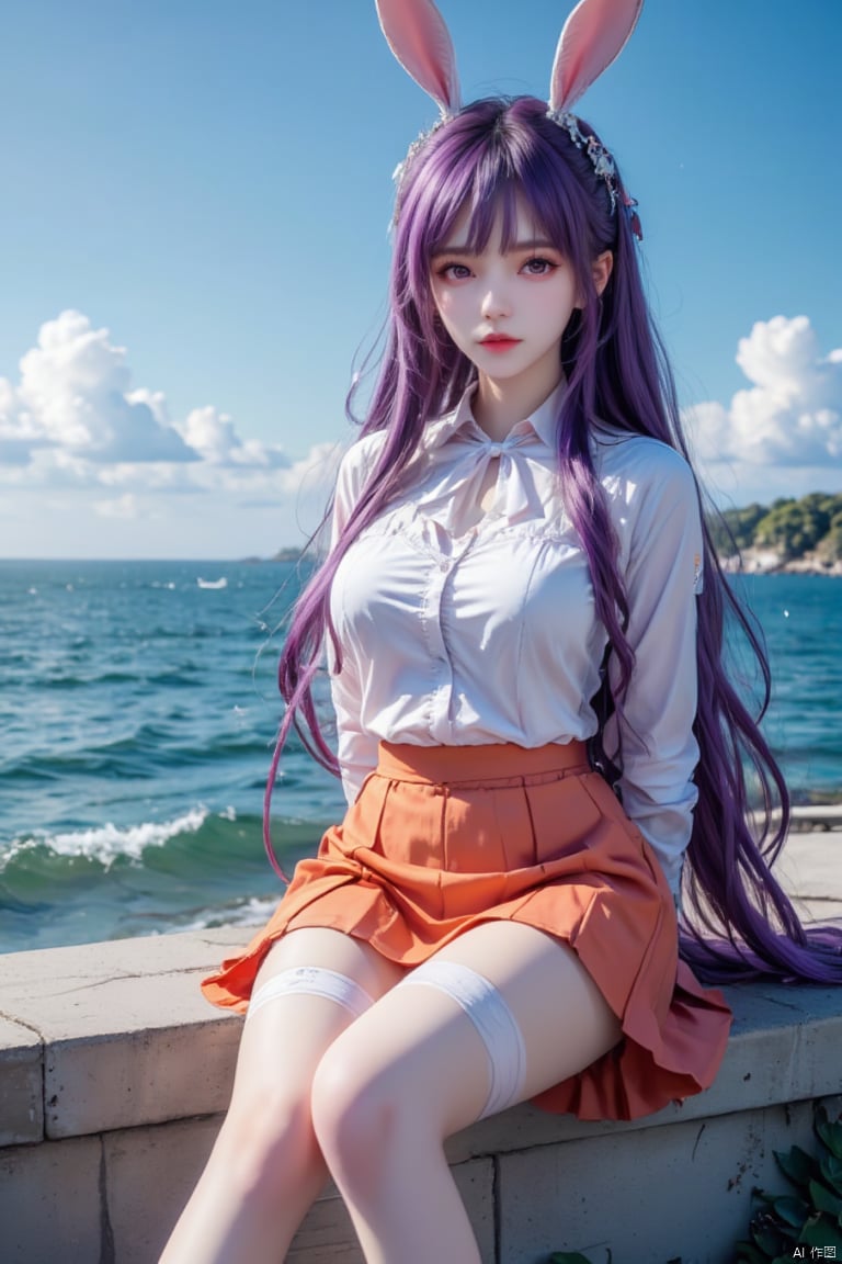 Masterpiece, best quality, high quality, (color) , full breasts, (purple hair: 1.3) , (rabbit ears:1.3),Captivating CG artistry! A single girl sits on a bench, gazing out at the vast blue ocean, her refined features and smooth skin radiating in sunlight. Sparkling eyes meet the viewer's gaze, framed by rabbitear-eyebrows and ornate eyewear. Purple hair cascades down her back like a waterfall of nightfall hues. A tied shirt reveals her perfect physique, with white knee-high socks and thigh straps adding sassiness. An orangeskirt flows around her legs, creating a pop of color against the serene blue sky and ocean waves. Arms crossed behind her back exude confidence and poise.