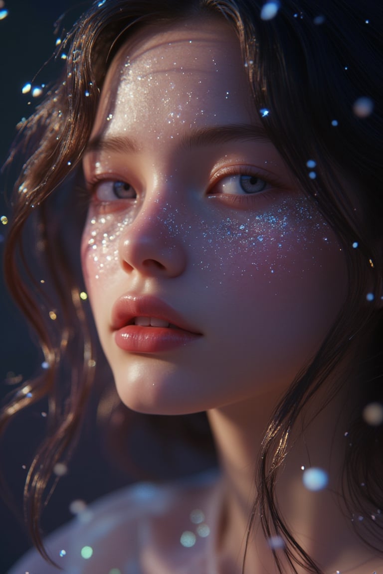 3D CG rendering of a close-up shot of a beautiful girl with wavy hair, sparkling glitter effects on her face, soft lighting, detailed facial features, and a serene expression, set against a dark, ethereal background.