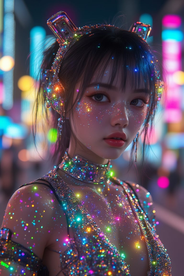 3D CG rendering of a close-up shot of a Japanese Harajuku girl, cybernetic futuristic elements, glitter effects on her face and outfit, vibrant neon colors, intricate cybernetic enhancements, dynamic pose, and a futuristic neon-lit street background.