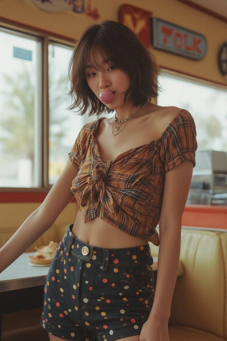 A playful short_hair woman stand in a vintage diner, wearing a knotted plaid crop top and high-waisted shorts adorned with polka dots. She strikes a fun pose, playfully blowing a bubble with her gum while winking at the camera.