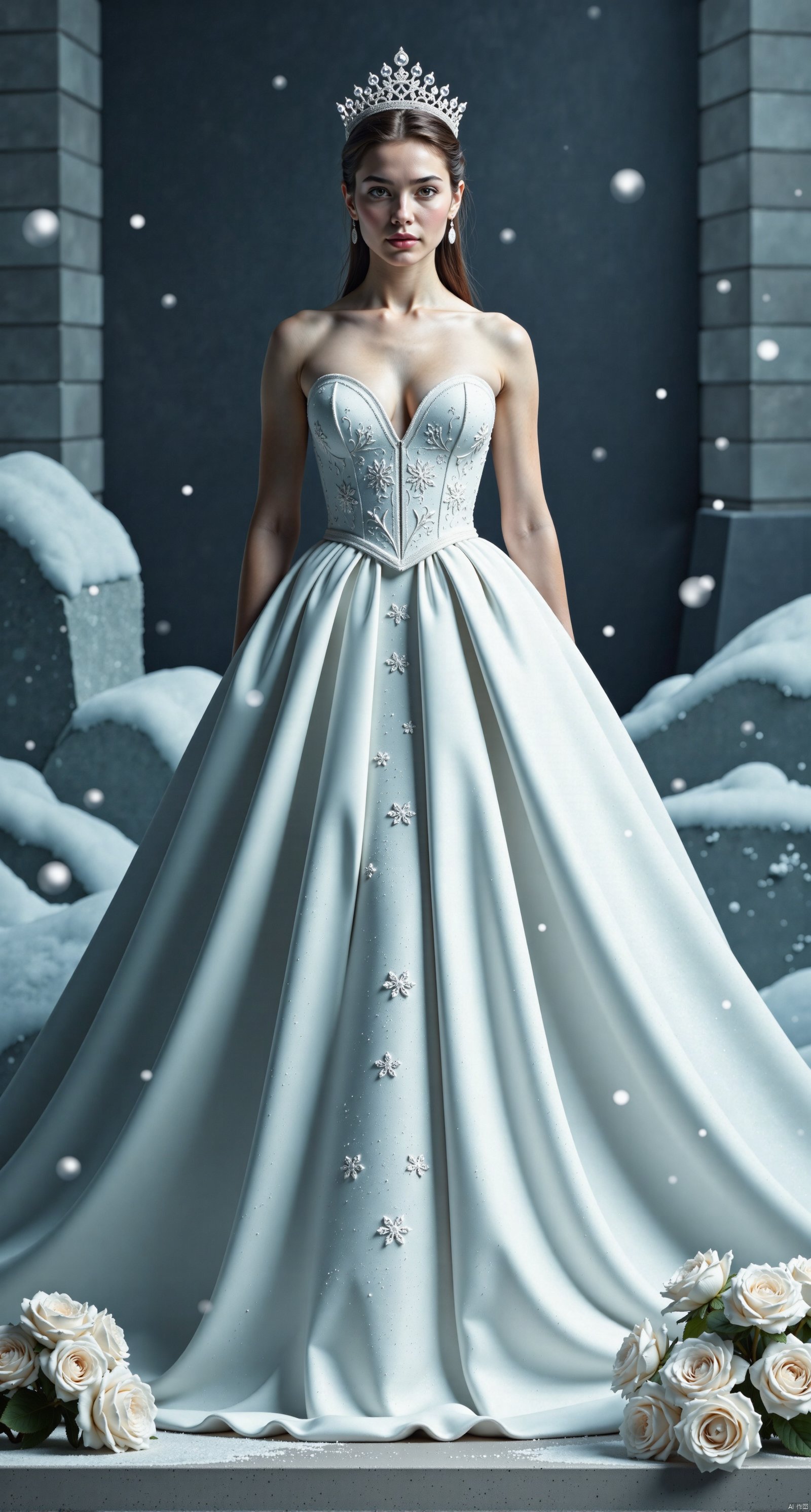 A majestic Raiden Shogun stands solo against a mystical backdrop of ice bricks and delicate flowers. She wears an exquisite snowflake-encrusted dress, her crown adorned with sparkling crystals. The elegant gown flows like silk around her, as the moody lighting casts a warm, cinematic glow. In the foreground, the highly detailed and intricate snowflakes on her dress appear like tiny works of art. The film grain adds texture, while the bokeh effect creates a sense of depth and dimensionality. A stunning vignette of fantasy and elegance, reminiscent of a high-budget Hollywood production.