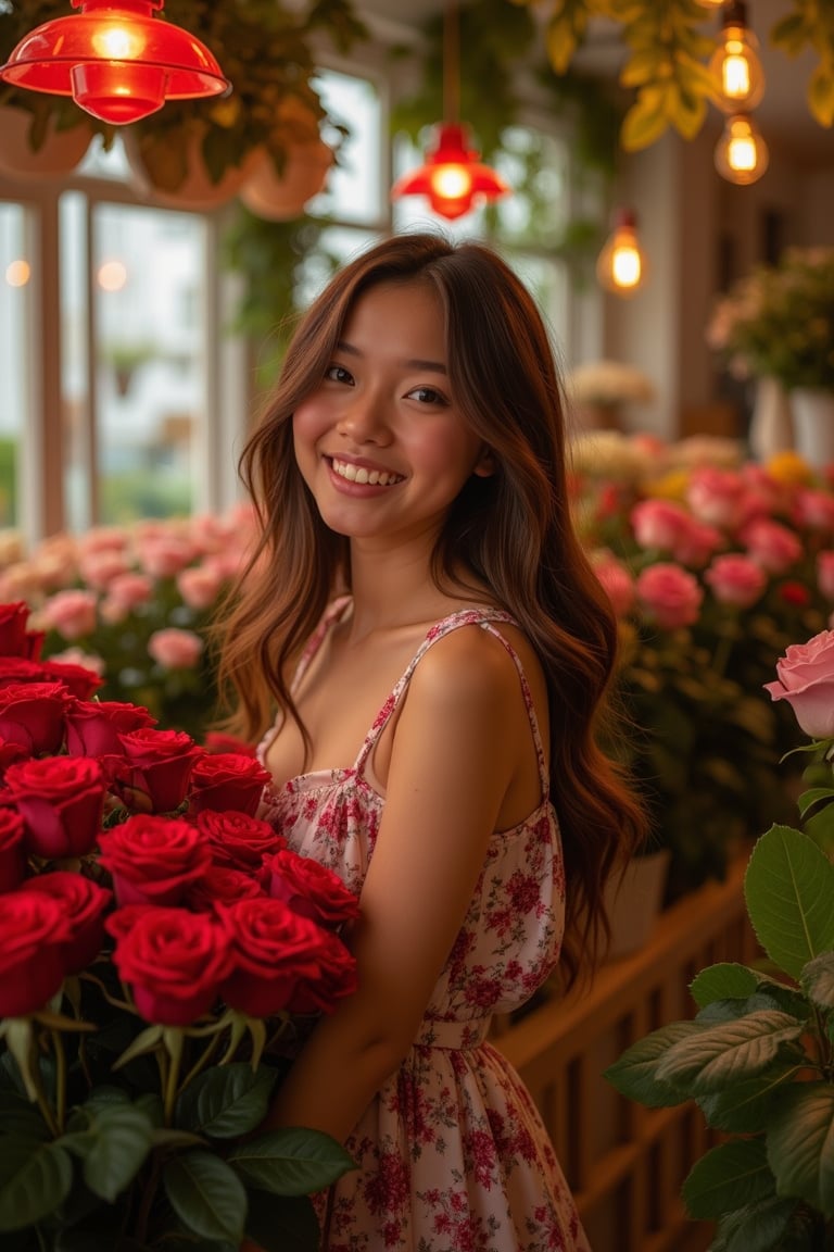 A radiant teenager stands amidst a lush flower store, warmly lit by the soft glow of the red rose bouquet. Her bright smile beams out, complemented by her dress that harmonizes with the vibrant hues around her. The framing focuses on her upper half, surrounded by verdant greenery and delicate blooms, as the balanced lighting casts a warm ambiance.