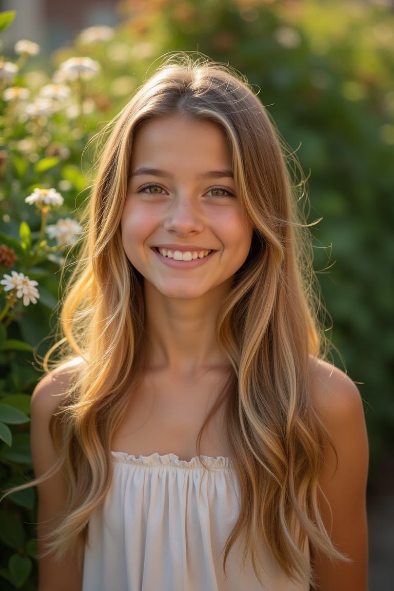 A radiant teenage girl with flowing golden locks and bright smile stands poised against a lush backdrop of emerald green foliage and dainty flowers. Framed from the chest up, the warm light dancing across her features creates an inviting atmosphere, drawing attention to her joyful expression.