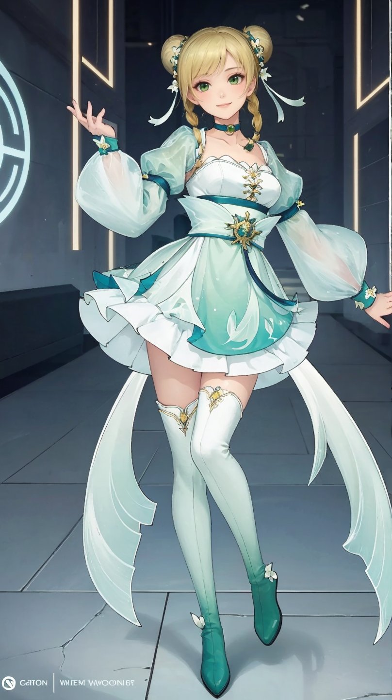 huaying, 1girl, solo, double bun, green eyes, thighhighs, hair bun, smile, blonde hair, dress, closed mouth, full body, looking at viewer, braid, see-through sleeves, boots, puffy sleeves, thigh boots, long sleeves, green dress, see-through, hair ornament, , twin braids, hair rings, choker, , wings ,indoors, standing, looking at viewer 
