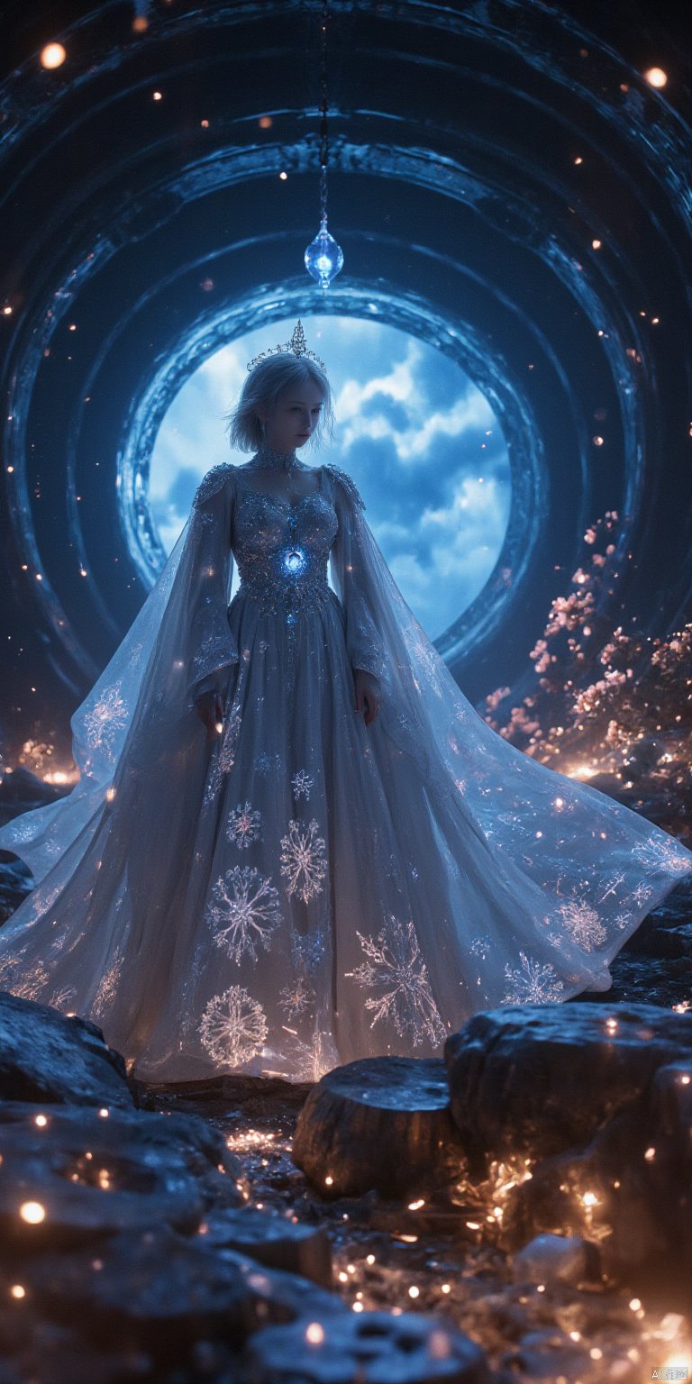 A majestic Raiden Shogun stands solo against a mystical backdrop of ice bricks and delicate flowers. She wears an exquisite snowflake-encrusted dress, her crown adorned with sparkling crystals. The elegant gown flows like silk around her, as the moody lighting casts a warm, cinematic glow. In the foreground, the highly detailed and intricate snowflakes on her dress appear like tiny works of art. The film grain adds texture, while the bokeh effect creates a sense of depth and dimensionality. A stunning vignette of fantasy and elegance, reminiscent of a high-budget Hollywood production.